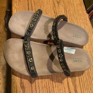 NAOT sandals with flower crystal design on straps